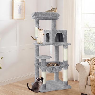 ODM conçoit un arbre de chat gris à plusieurs niveaux avec un hamac et un poteau de grattage
