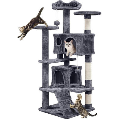 OEM/ODM Custom Luxury Dark Grey Plush Wood Multi-étage Villa pour chat avec arbre à grimper