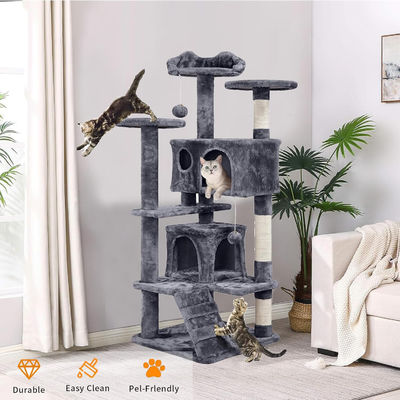 OEM/ODM Custom Luxury Dark Grey Plush Wood Multi-étage Villa pour chat avec arbre à grimper