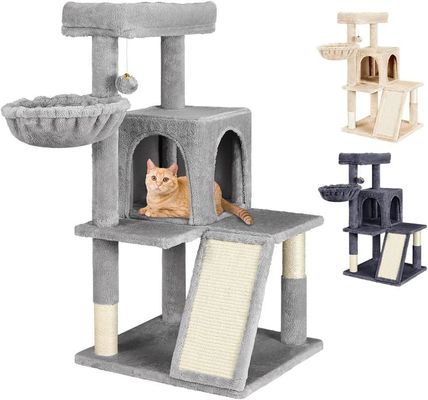 Arbre de chat gris clair durable avec une tour de jouet de chat, une maison de chat et une perche en peluche rembourrée