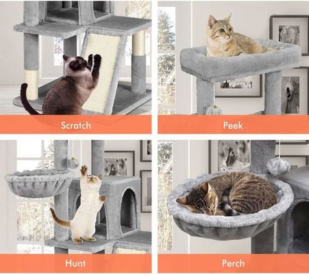 Arbre de chat gris clair durable avec une tour de jouet de chat, une maison de chat et une perche en peluche rembourrée