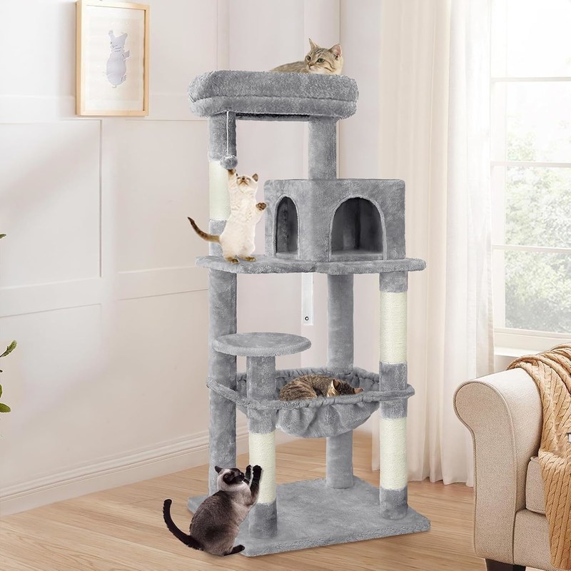 ODM conçoit un arbre de chat gris à plusieurs niveaux avec un hamac et un poteau de grattage