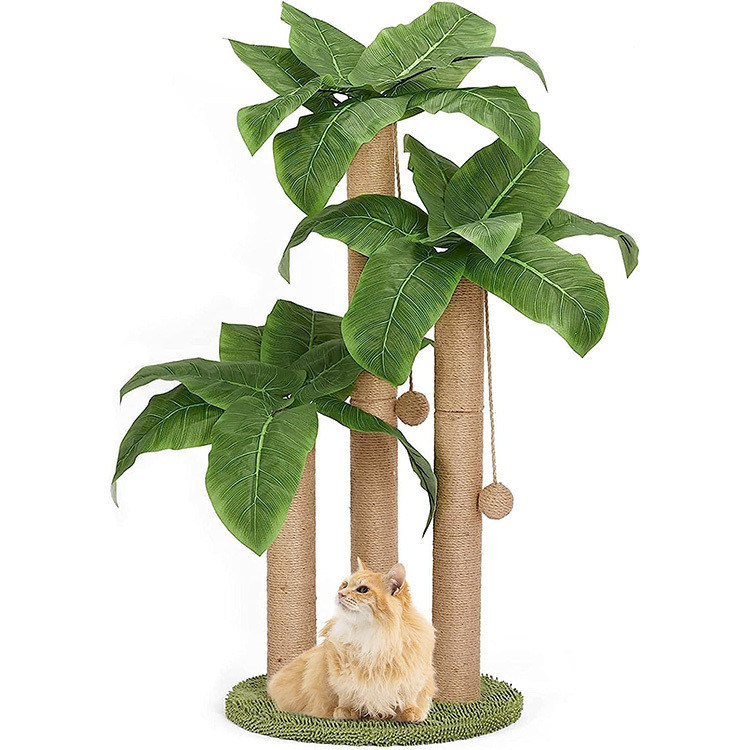 Cadre d'escalade de palmier de noix de coco de chat avec une perche à rayures et des boules suspendues naturelles de sisal